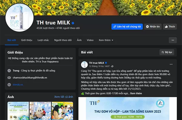 Fanpage TH True Milk trên Facebook