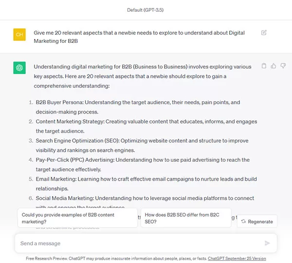 Tìm ý tưởng nội dung thường xanh bằng công cụ ChatGPT cho chủ đề B2B Digital Marketing