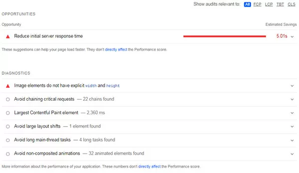Báo cáo chi tiết trên Pagespeed Insight