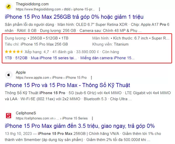 Trang web có chèn Schema Markup được hiển thị nổi bật trên trang kết quả tìm kiếm của Google