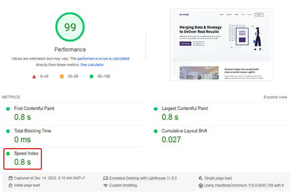 Theme GeneratePress có điểm hiệu suất rất cao và tải xong trong vòng chưa đầy 1 giây