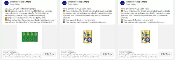 Một số mẫu quảng cáo Facebook Ads đang chạy trong chiến dịch ngày 4/3/2024 của Vinamilk (Ảnh chụp màn hình trên Meta Ad Library ngày 14/3/2024)