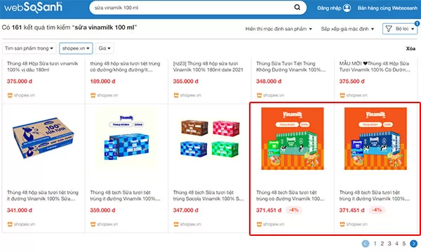 Link Shopee Affiliate của gian hàng Vinamilk được chia sẻ trên website của Websosanh (Ảnh chụp màn hình ngày 15/03/2024)
