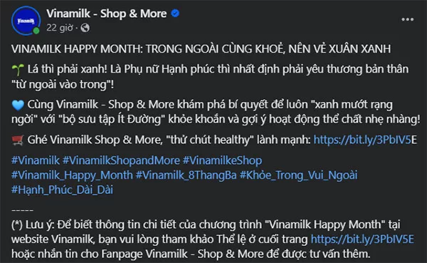 Một mẫu nội dung dạng văn bản được Vinamilk sử dụng trên mạng xã hội Facebook