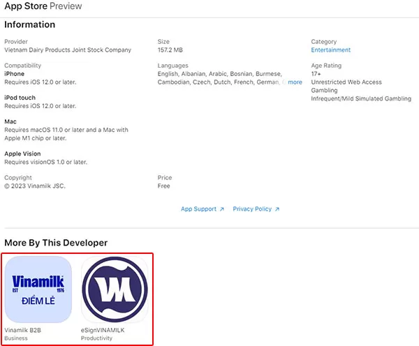 Danh sách các ứng dụng của Vinamilk trên kho ứng dụng Apple App Store cũng không còn ứng dụng nào mang tên Giấc Mơ Sữa Việt (Ảnh chụp màn hình ngày 3/7/2024)