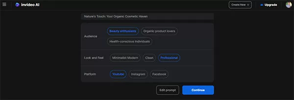 Giao diện màn hình tùy chỉnh đặc điểm video của InVideo AI rất dễ nhìn