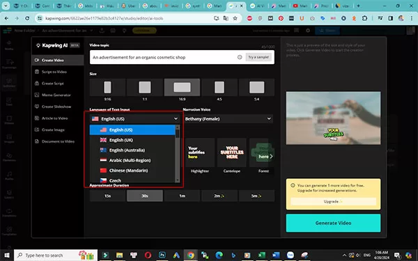 Không thể tương tác với menu dropdown bằng chuột trái khi chọn ngôn ngữ trên Kapwing