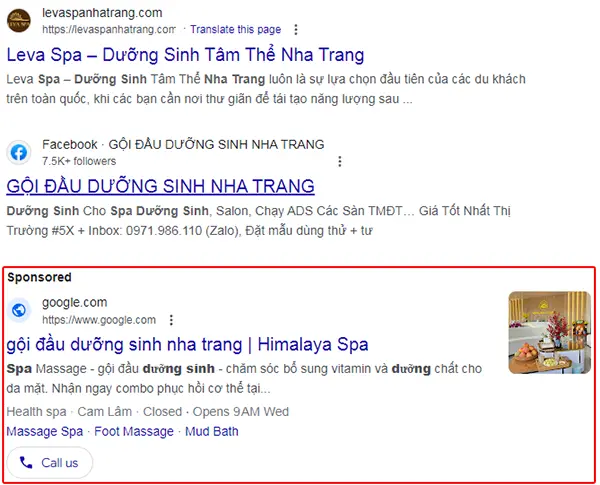 Mẫu quảng cáo Google Ads cho địa điểm Google Maps của một tiệm gội đầu dưỡng sinh tại Nha Trang