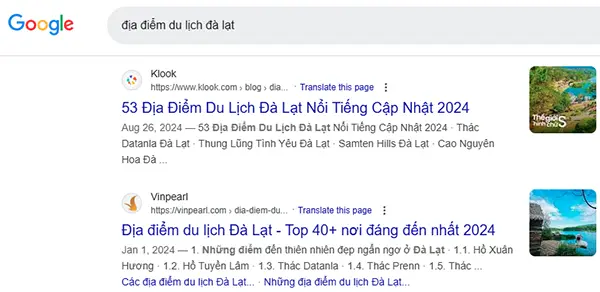 Kết quả tìm kiếm trên Google với từ khóa "địa điểm du lịch Đà Lạt"