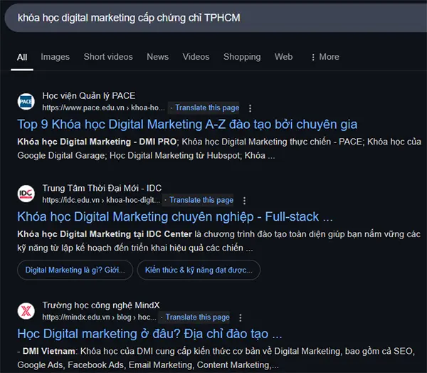 Kết quả tìm kiếm khóa học Digital Marketing cấp chứng chỉ tại TPHCM (Nguồn: Ảnh chụp màn hình Google Search, truy cập ngày 28/03/2025)