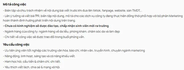 Mô tả công việc Nhân viên Content (Nguồn: Ảnh chụp màn hình website Jobsgo, truy cập ngày 28/03/2025)